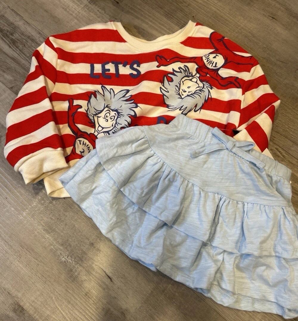 Dr Seuss Thing 1 & 2 Kids Striped Sweatshirt and Ruffle Skirt Set Red Blue 3T